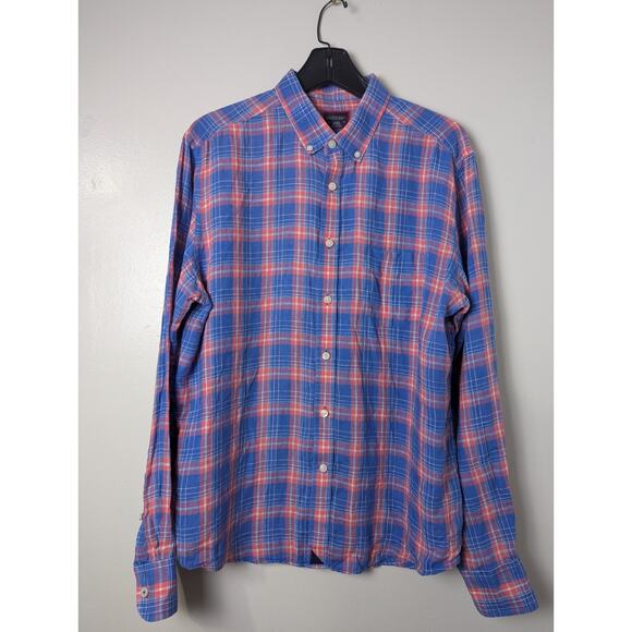 UNTUCKit Blue Red Plaid Size L 100% LINEN Button Down Casual Shirt Front Pocket - Picture 1 of 9